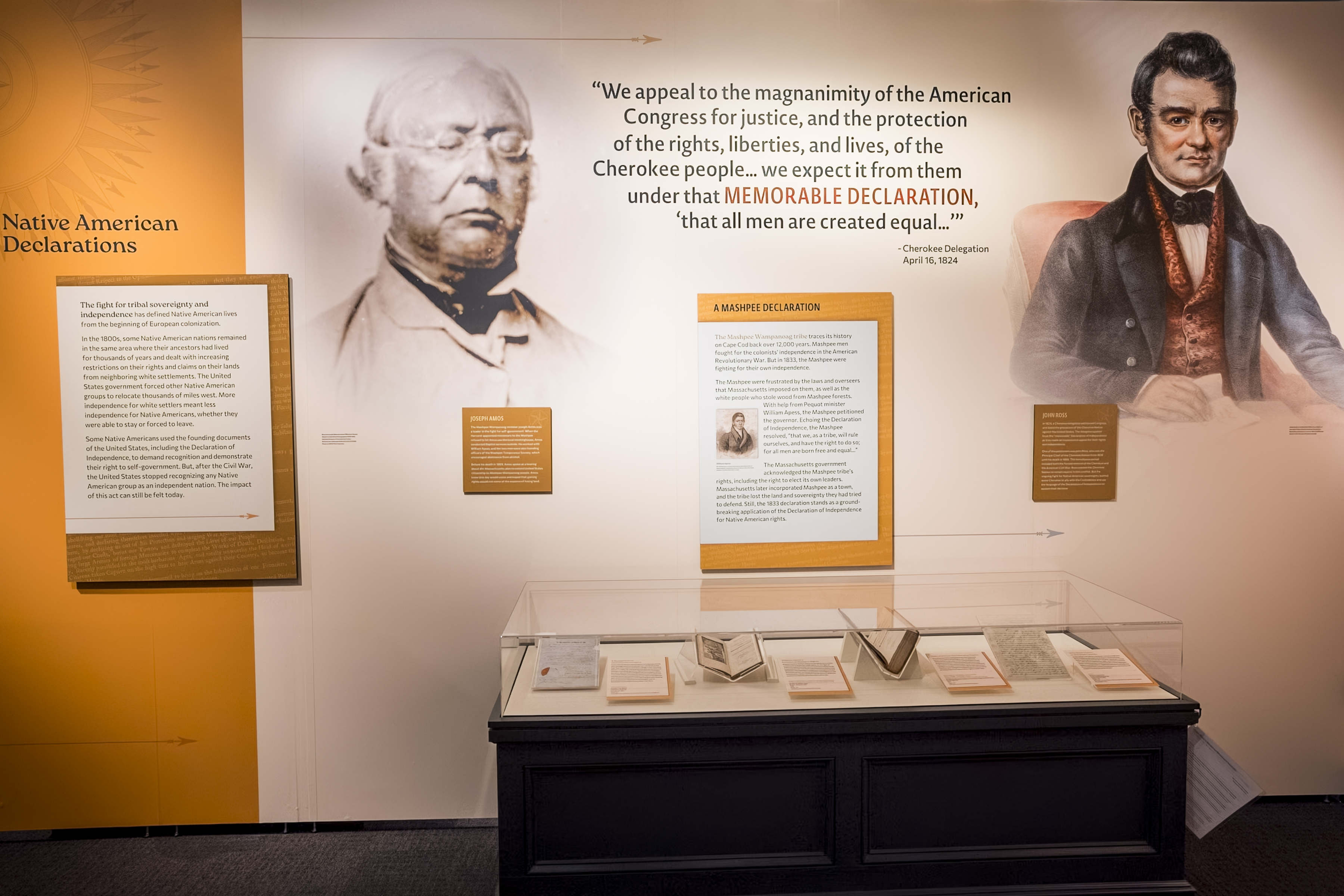 A wall and exhibit case related to Native Americans in "The Declaration's Journey"