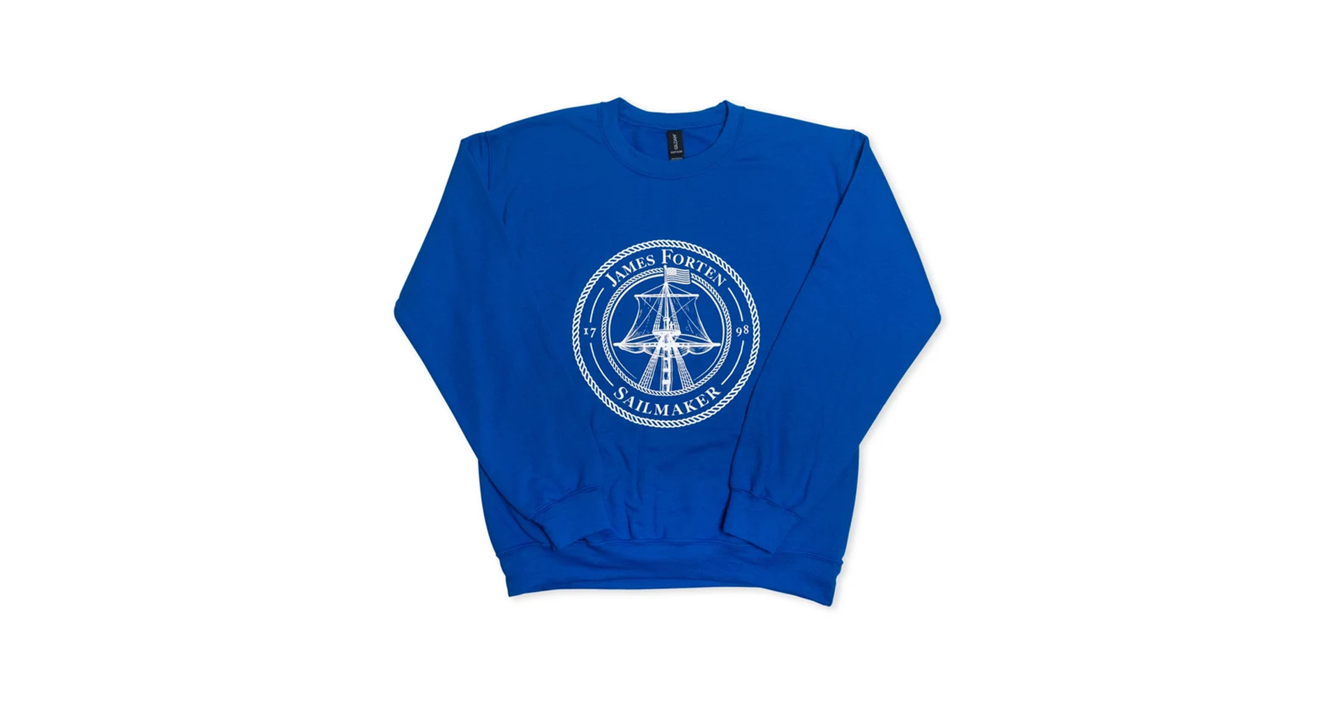 A blue sweatshirt with a white circular design reading James Forten Sailmaker
