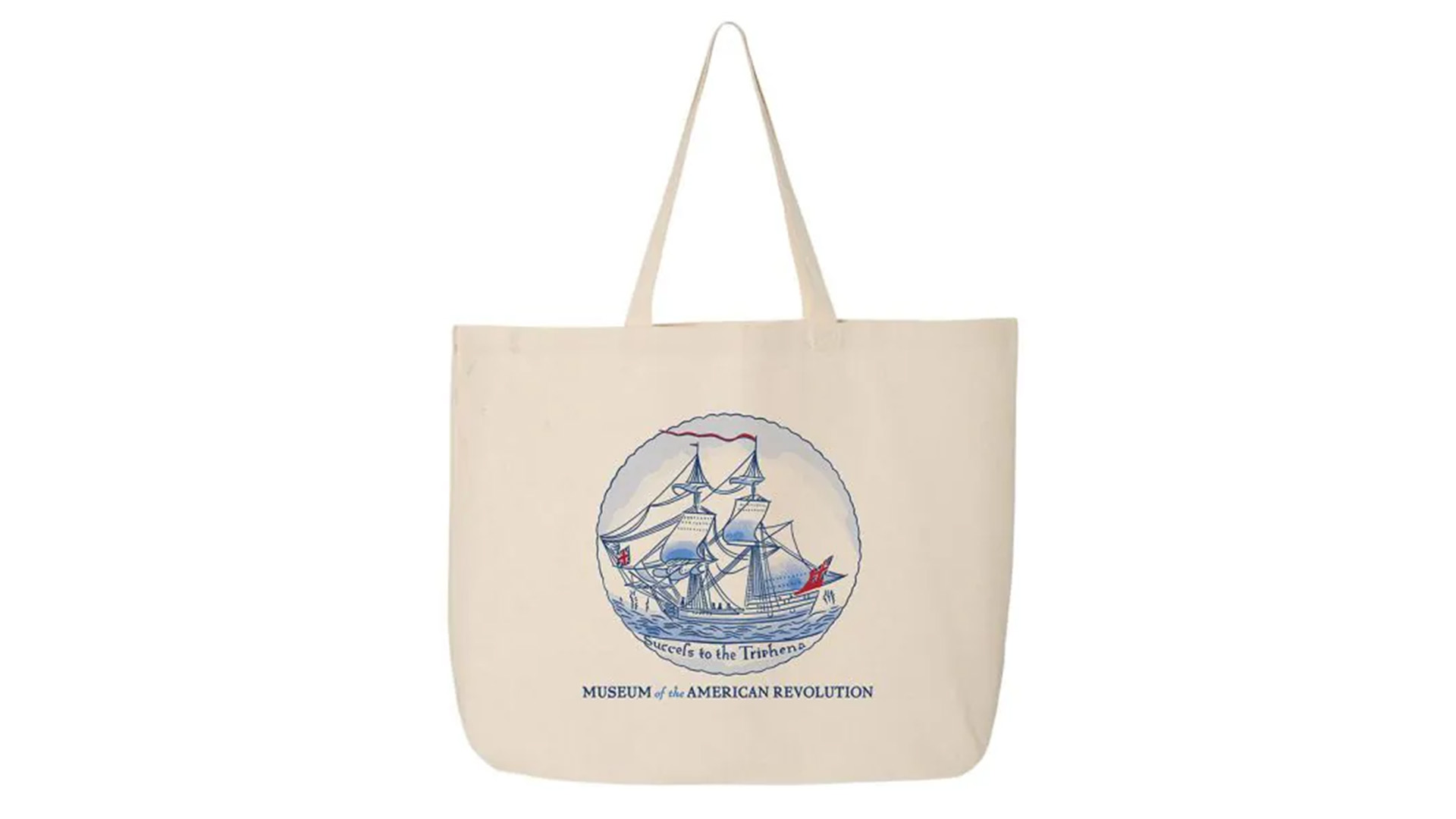 A cream colored tote bag with an image of a ship in blue with Museum of the American Revolution written underneath