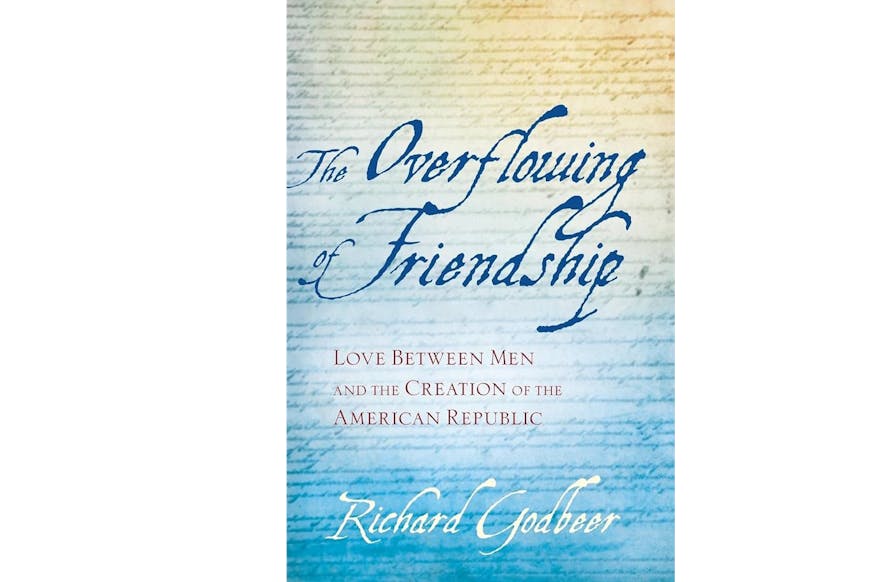 Book cover for The Overflowing of Friendship by Richard Godbeer fades top down from yellow to light blue with the book title in a blue script font.