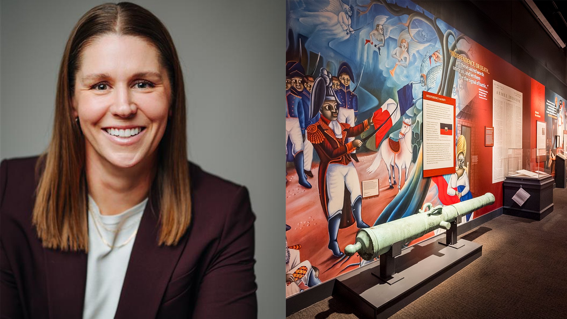 A headshot of a smiling white woman with a dark jacket next to a mural and a cannon displayed in The Declaration's Journey