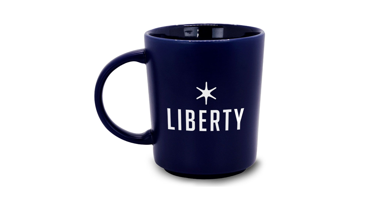 Matte navy blue mug with white star logo and and the word Liberty across.