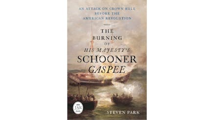 This image depicts the book cover of The Burning of His Majesty's Schooner Gaspee by Steven Park. The book cover is a watercolor paining of the ship burning in the water as men in two lifeboats watch the blaze.