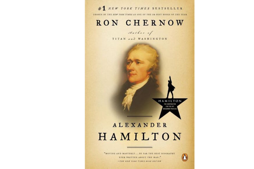 This image depicts the book cover of Alexander Hamilton by Ron Chernow. The cover is tan and the text is written in black. In the center, there is a portrait of Hamilton from the chest up.