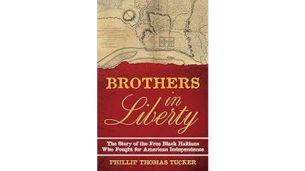 Book cover for Brothers in Liberty features the book title in yellow on a red background in the middle of the cover with the subtitle right below in white.