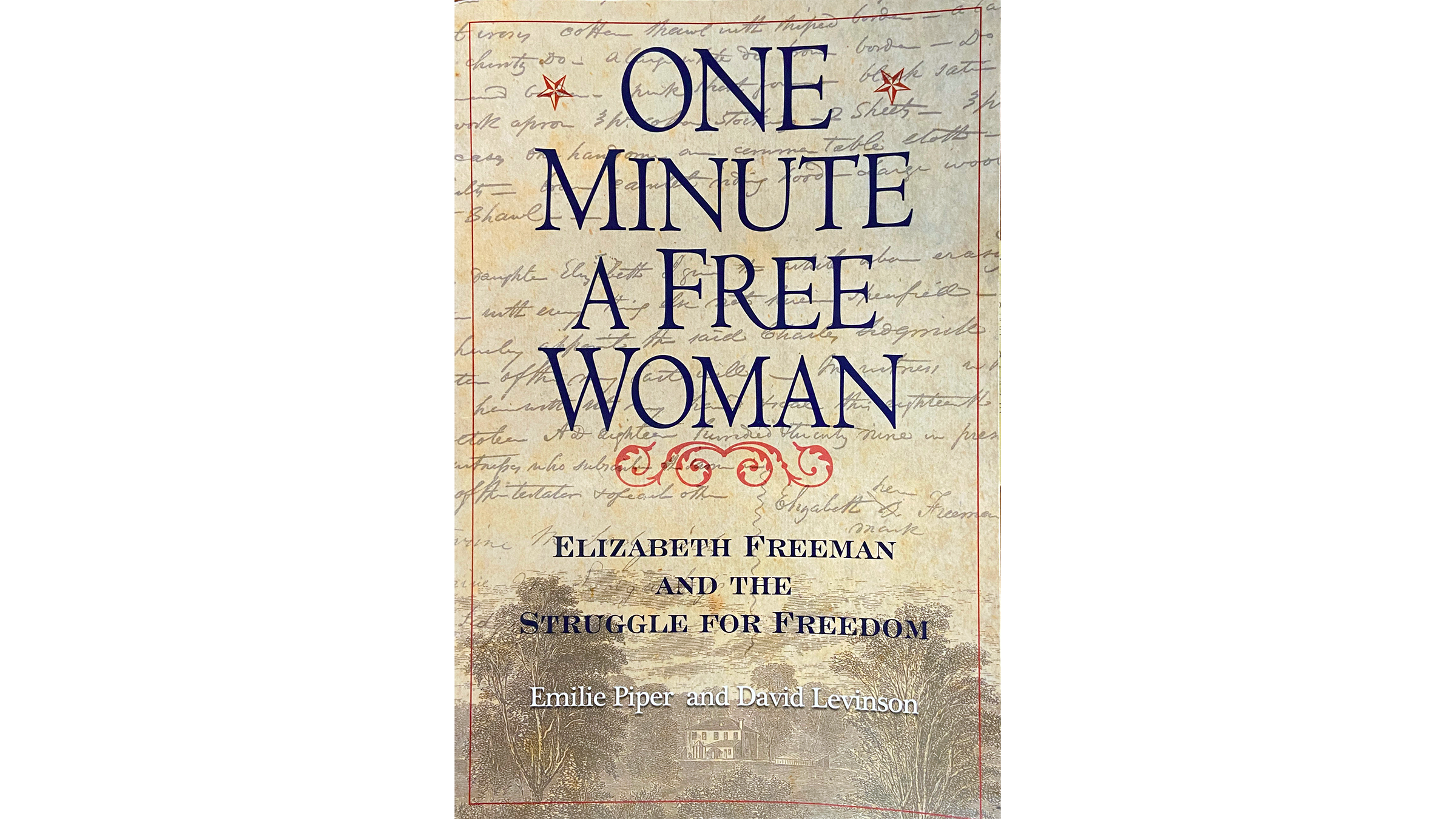 This image shows the book cover for One Minute A Free Woman with the title in large navy blue serif font over script writing on beige paper.