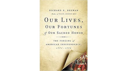 This image depicts the book cover of Our Lives, Our Fortunes, and Our Sacred Honor: The Forging of American Independence, 1774-1776. The cover is a white page with the bottom right corner being lifted, as if being turned, to expose a colored image of some of the Founding Fathers.