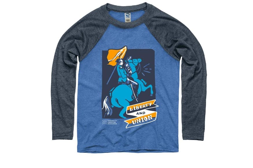 This long-sleeve youth baseball t-shirt features a blue torso with grey sleeves, the words Liberty and Union, and the image of a man carrying a flag while on a horse.
