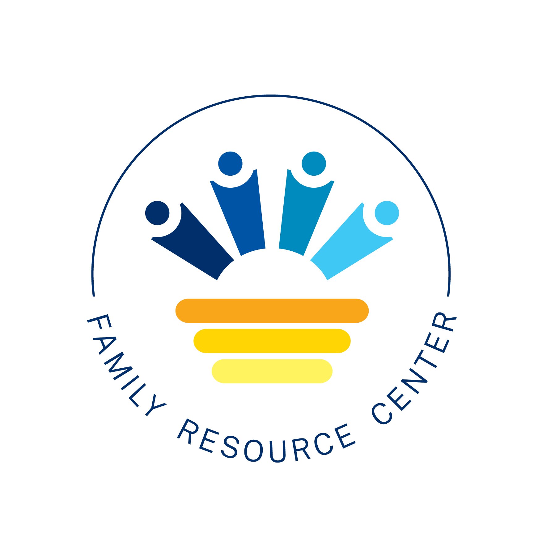 This image shows a logo with different shades of blue pegs atop a base of multiple yellow shades with the text Family Resource Center around it.