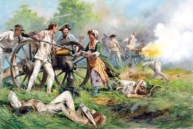 In this painting by Don Troiani, a woman, Mary Hays, takes over her husbands spot at the cannon after he is killed at the Battle of Monmouth.