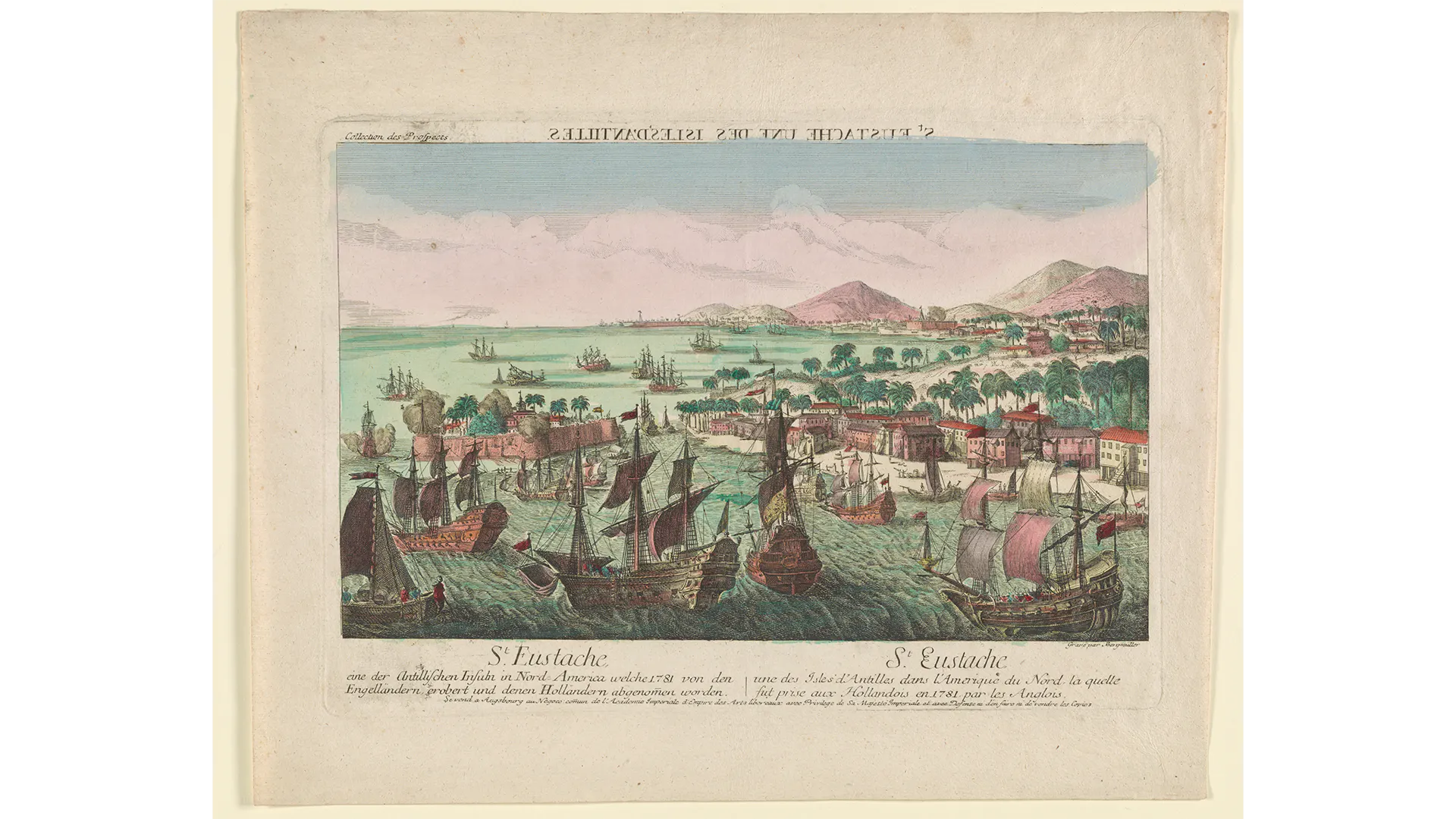 A colorful drawing of ships in the water beside a tropical island, with French calligraphy below