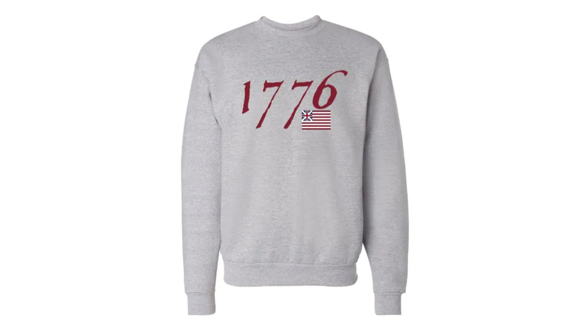 A gray sweatshirt with red numbers 1776 and an early American flag across the chest