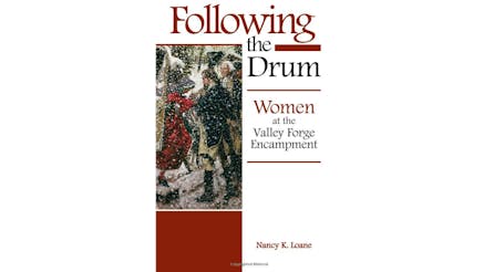 This image shows the book cover of Following the Drum: Women at the Valley Forge Encampment by Nancy Loane. The background is white and on the left hand side on the bottoms, there is a red box. Above the box is a painting of a snowy scene with George Washington taking off his hat. There is another officer to his left, with his back toward the viewer. And on the left side of the image is a woman dressed in red, bowing down.