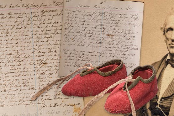 Image with two of the Davenport letters the red baby booties and a photo of John Davenport.