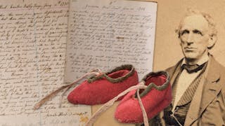 Image with two of the Davenport letters the red baby booties and a photo of John Davenport.