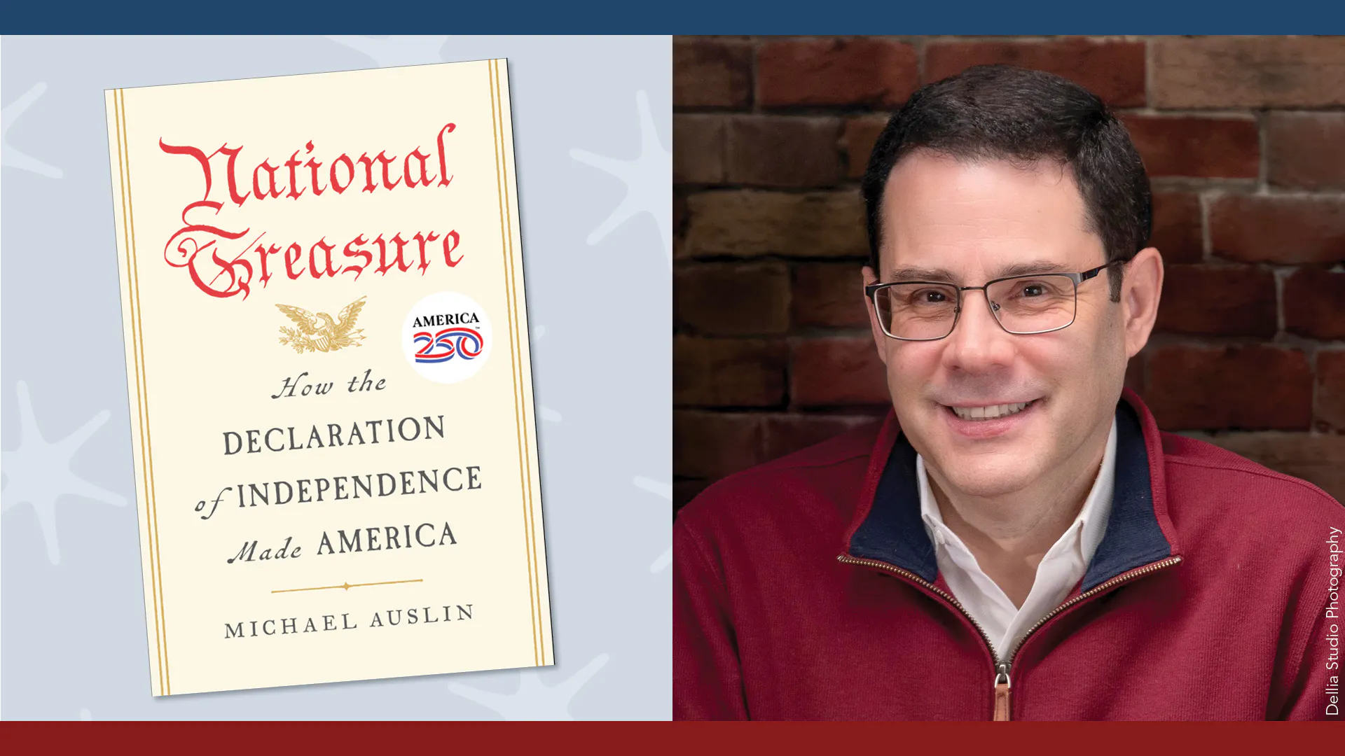 An image of the cover of the book "National Treasure" beside a photo of a white man with dark hair and glasses