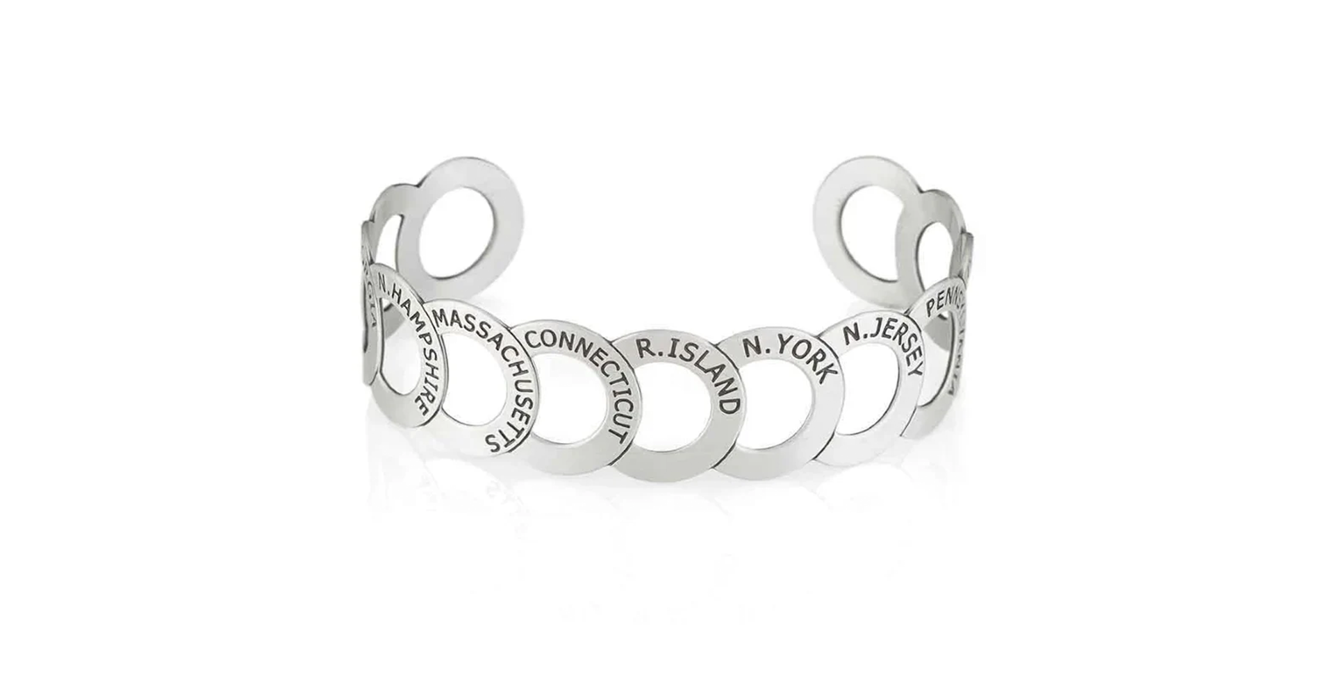 A silver bracelet made up of 13 interlocking circles