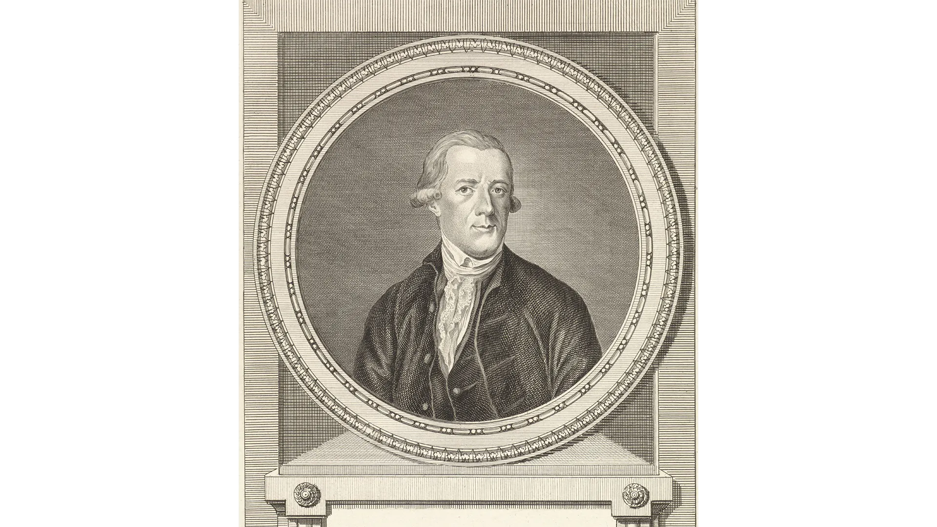 A black and white drawing of a white man in 18th century clothing