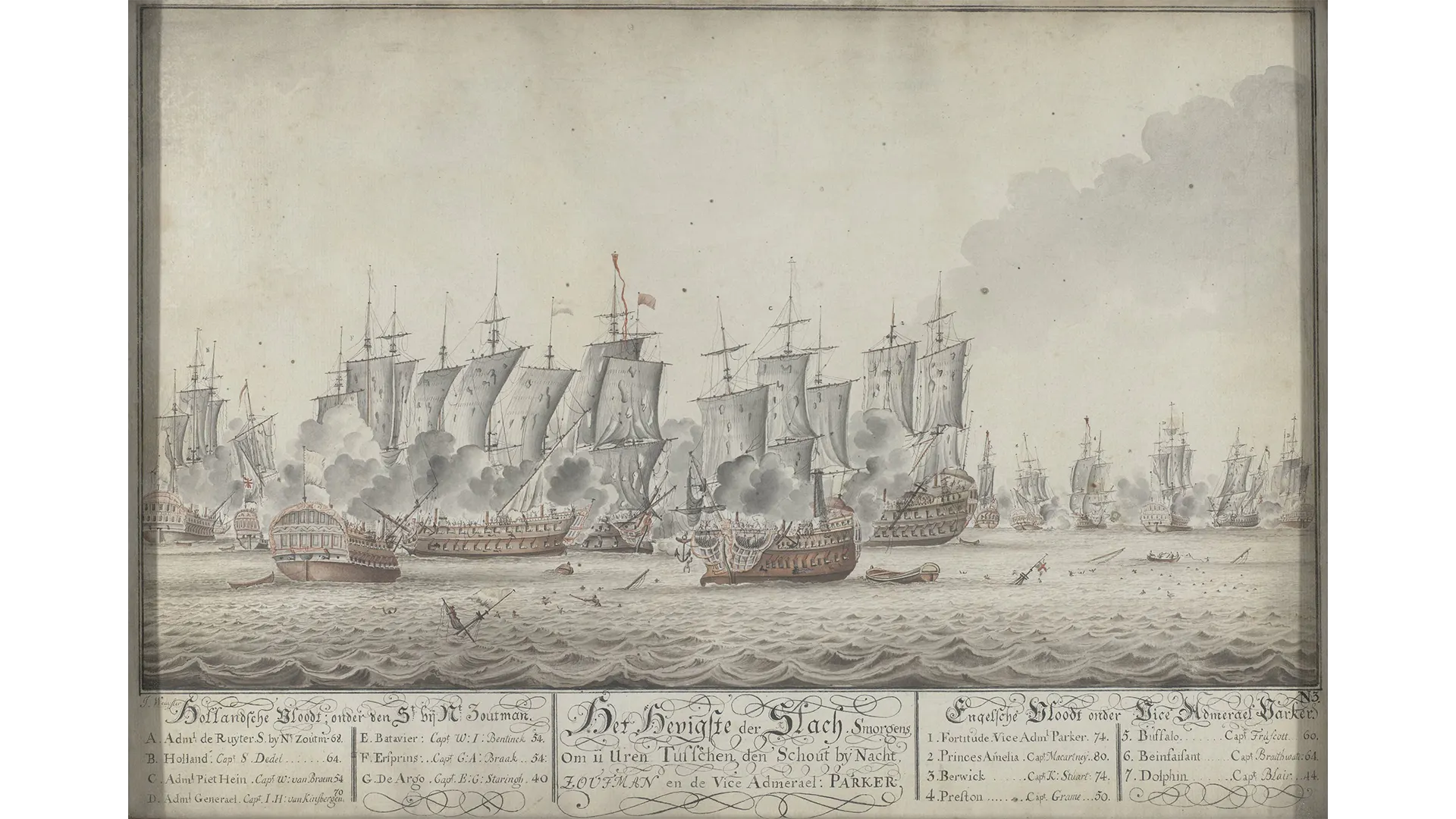 A black and white drawing of ships at sea with Dutch calligraphy at the bottom