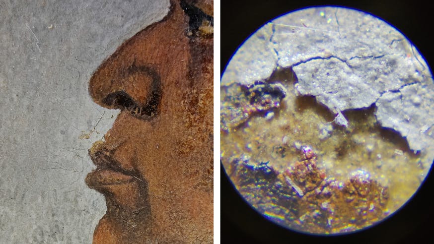 On the left a close-up image of the James Forten portrait. On the right, an image from a microscope of the same painting.