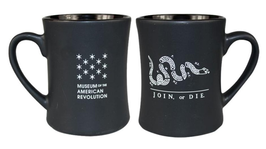 Black Join Or Die Mug on sale in the Museum Shop and online.