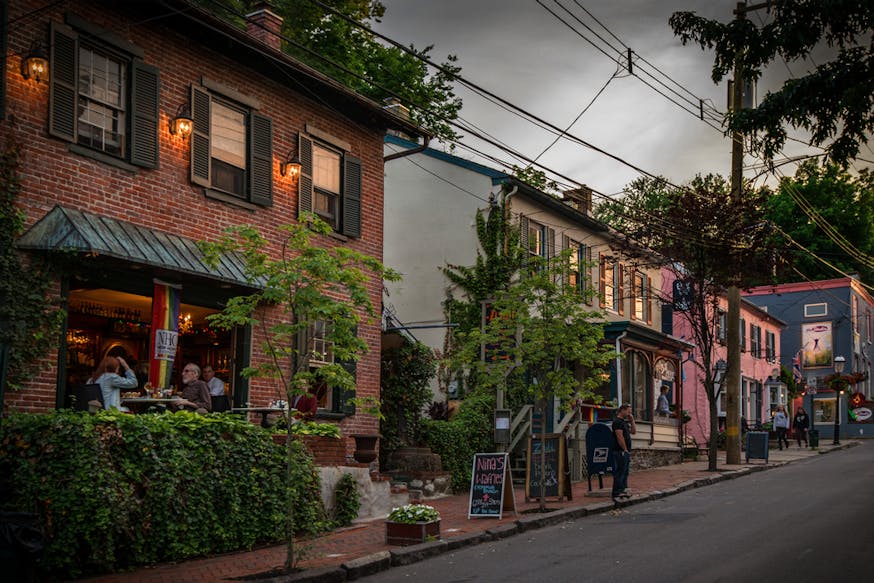 This image shows store fronts on New Hope's downtown main street.