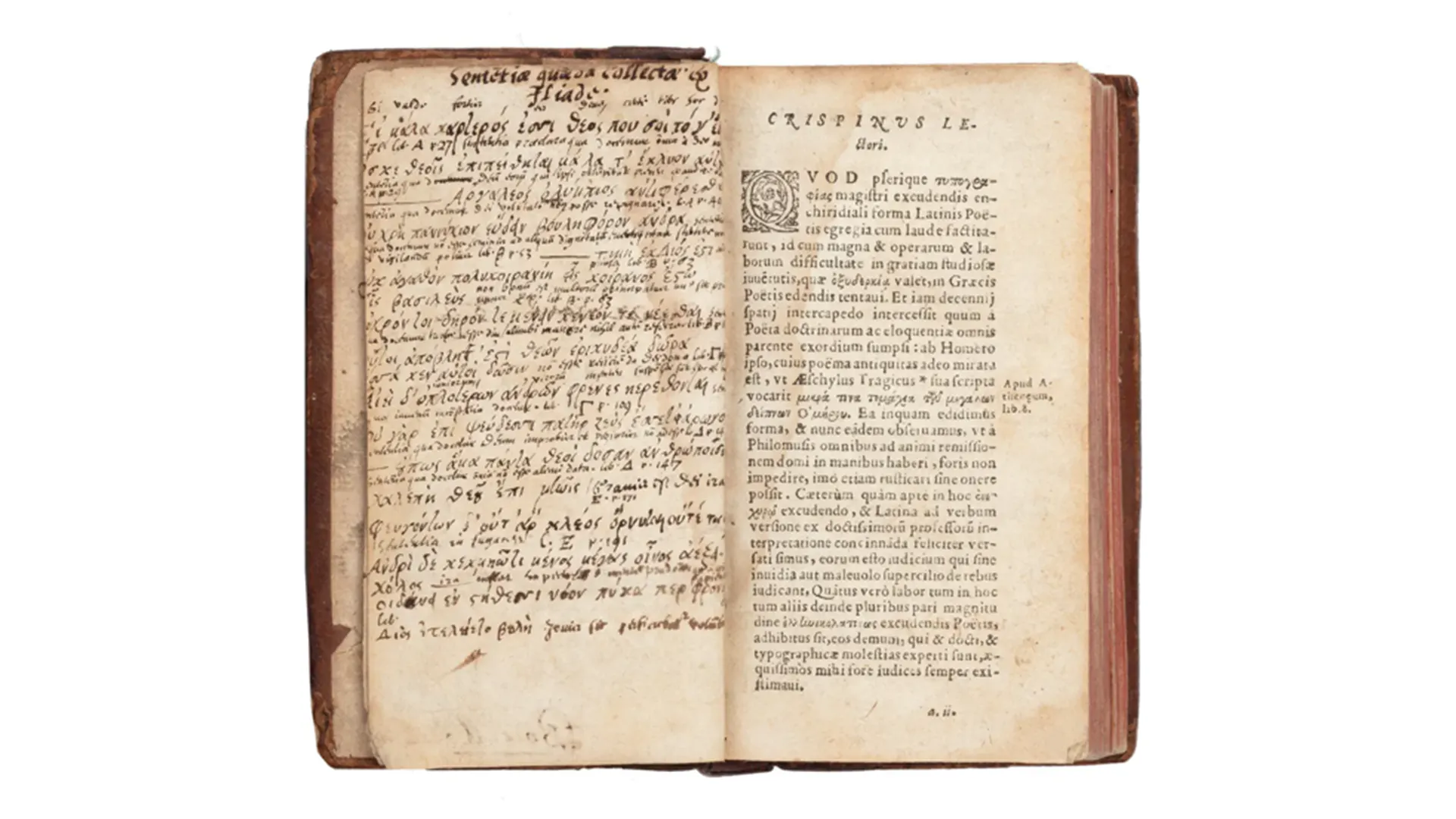 An old book with printed Greek on the right-hand page and handwritten Greek on the left