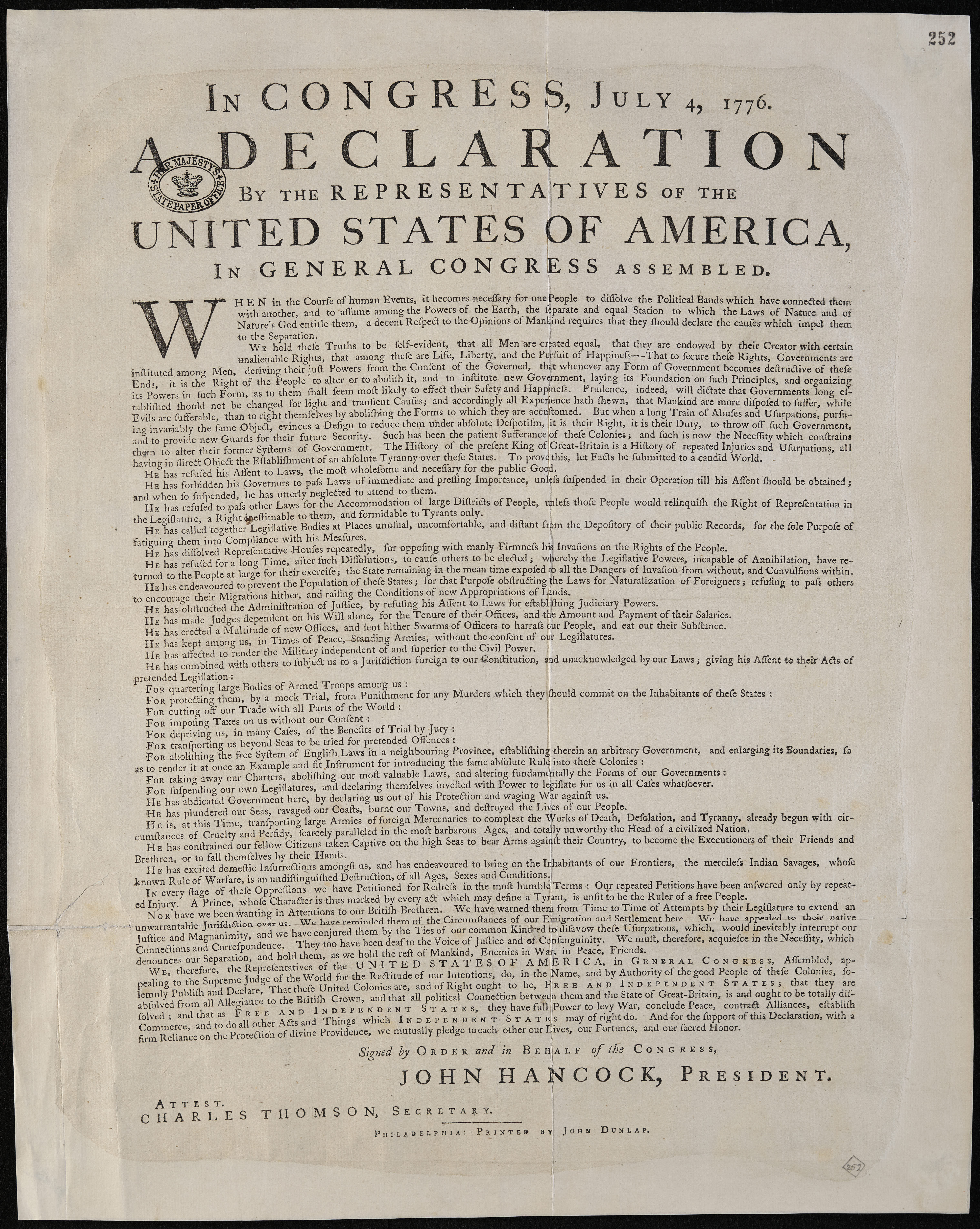 A printing of the Declaration of Independence on a gradient gray-to-black background.