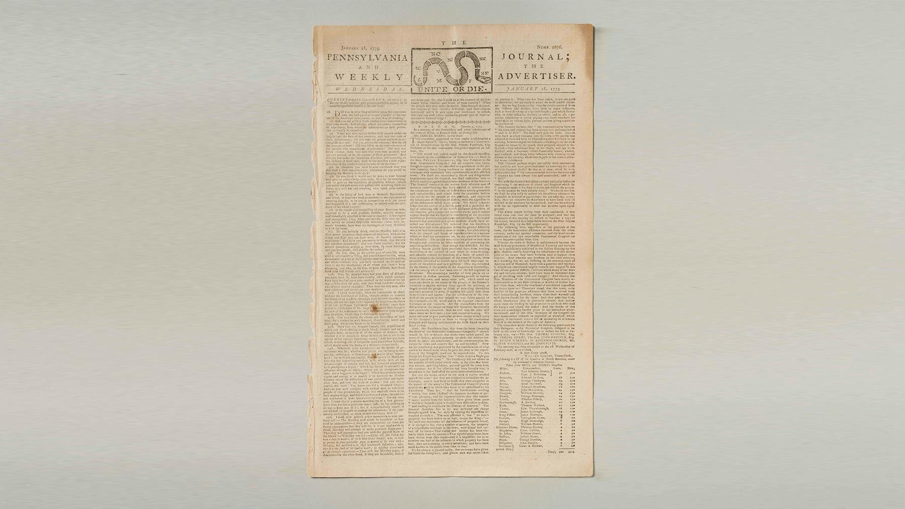 Pennsylvania Journal Newspaper with “Unite or Die” Image - Museum