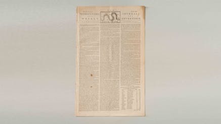 A printed edition of the Pennsylvania Journal that features the Unite or Die snake at the top.