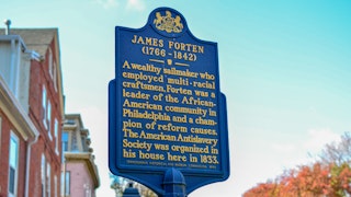 A historical marker at the location of James Forten and his family's home on Lombard Street between 3rd and 4th Streets.