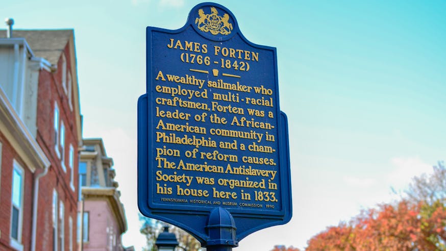 A historical marker at the location of James Forten and his family's home on Lombard Street between 3rd and 4th Streets.
