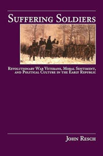 This image shows the book cover for John Resch's Suffering Soldiers featuring William Trego's famous March to Valley Forge painting at the top half over a solid purple background.