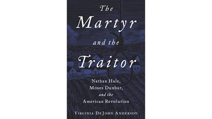 This image shows the book cover of The Martyr and the Traitor by Virginia DeJohn Anderson. It is an illustration tinted in blue of a village and fields in the background. In the foreground, there is a noose hanging on the right side of the image.