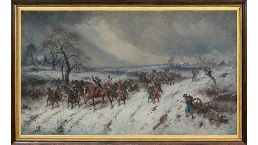 This image shows a painting called Valley Forge Winter The Return of the Foraging Party. It is a large painting displayed in a brown frame with a golden interior. The painting shows a gray wintry day of soldiers marching through Valley Forge. They are walking toward the viewer. There is a soldier on horseback with his sword in his right hand and a flag in his left.