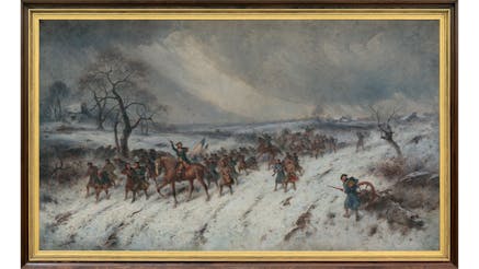 This image shows a painting called Valley Forge Winter The Return of the Foraging Party. It is a large painting displayed in a brown frame with a golden interior. The painting shows a gray wintry day of soldiers marching through Valley Forge. They are walking toward the viewer. There is a soldier on horseback with his sword in his right hand and a flag in his left.
