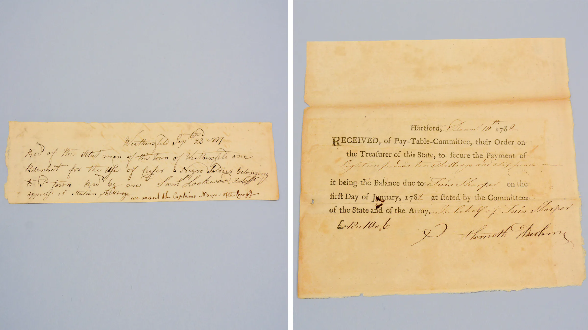 On the left, a 1777 receipt for a blanket and on the right, a pay-table receipt that are part of the Museum's Patriots Of Color Archive Documents.