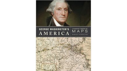 This image depicts the book cover of George Washington's America by Barnet Schecter. The title of the book is written in the middle of the cover. The bottom of the cover is a map and the top is a portrait of George Washington from the neck up.