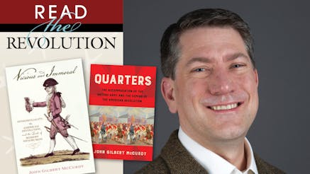 Read the Revolution event graphic featuring author John McCurdy's headshot photograph to the right and book covers for his books Vicious and Moral as well as Quarters to the left.