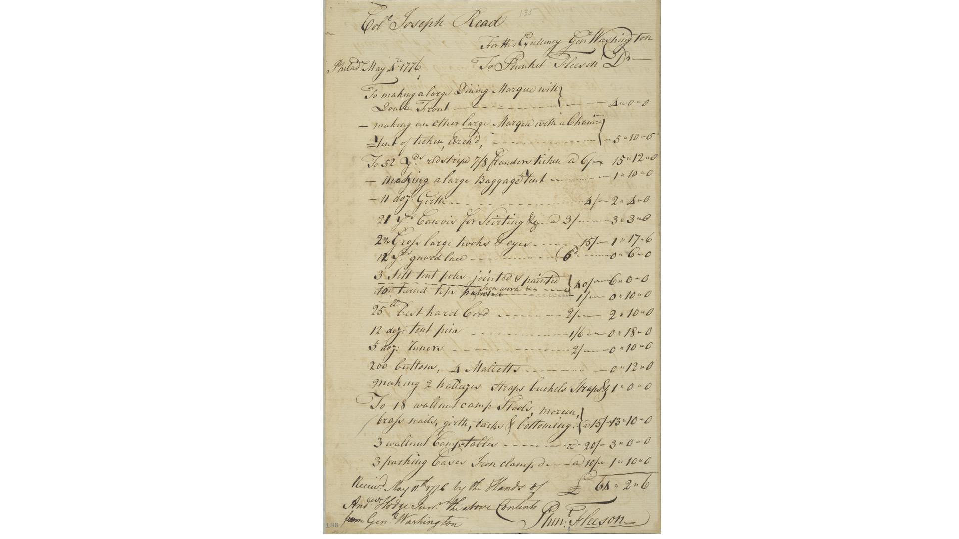 May 1776 handwritten receipt by Plunkett Fleeson documenting George Washington's order for new tents and camp equipment.