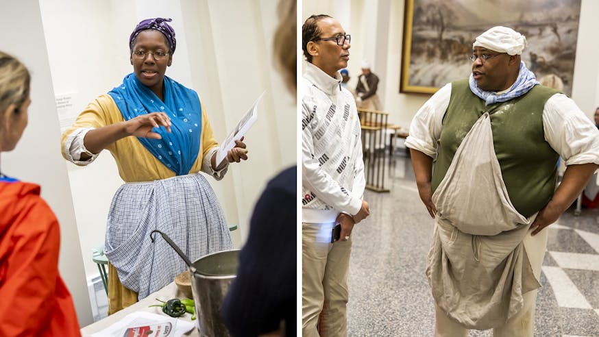 On the left, a Museum educator wears a half-length women's apron. On the right, a Museum educator wears a full-length men's apron.