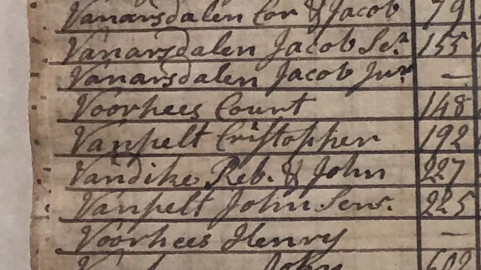 Photo of Rebecca VanDike's name listed on 1797 Western Precinct tax list for Somerset County, page 16