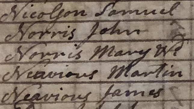 Photo of Mary Norris's name listed in 1797 Western Precinct Somerset County Tax list, page 9