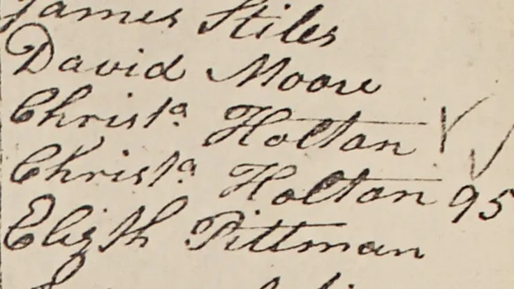 Photo of The two Christiana Holtons' names listed on the December 1800 poll list from UPN Township