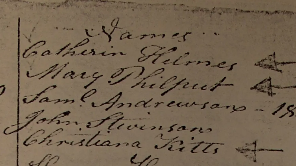 Photo of Catherine Helms's name listed on the December 1800 poll list from UPN Township