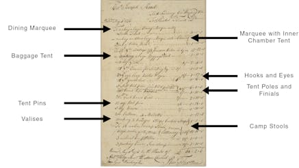 May 1776 handwritten receipt by Plunkett Fleeson documenting George Washington's order for new tents and camp equipment.