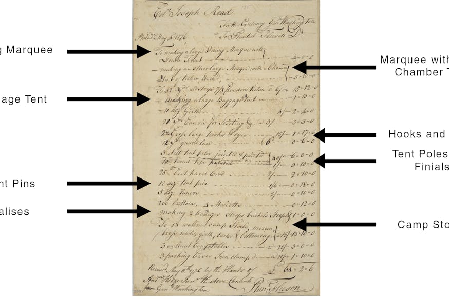 May 1776 handwritten receipt by Plunkett Fleeson documenting George Washington's order for new tents and camp equipment.