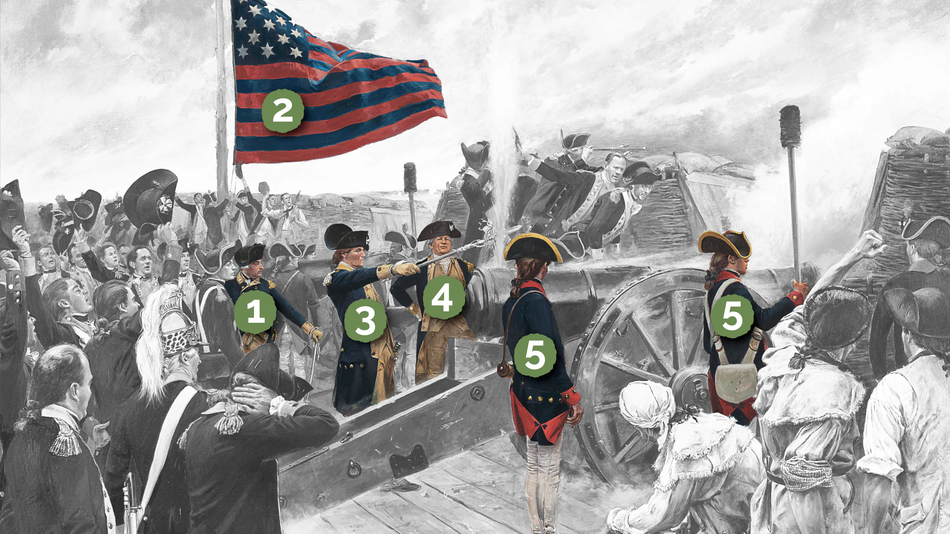 Numbered version of Don Troiani's painting Artillery of Independence, Siege of Yorktown, Virginia, October 9, 1781 from the Museum's Liberty exhibit.