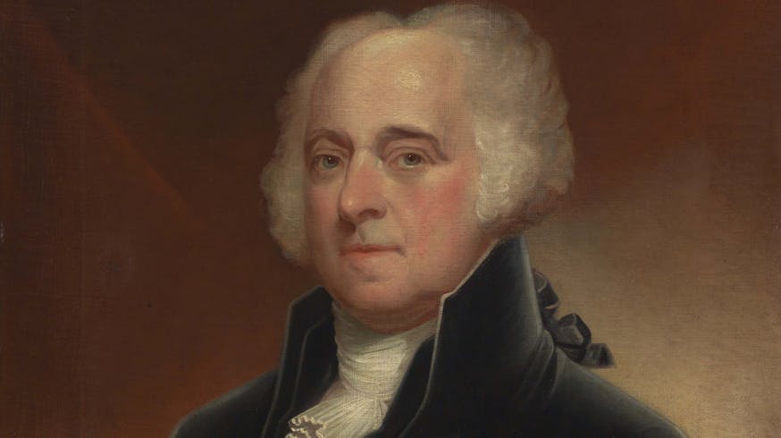 Portrait painted of John Adams, who had white hair, balding, wearing a black formal jacket and a white shirt underneath.