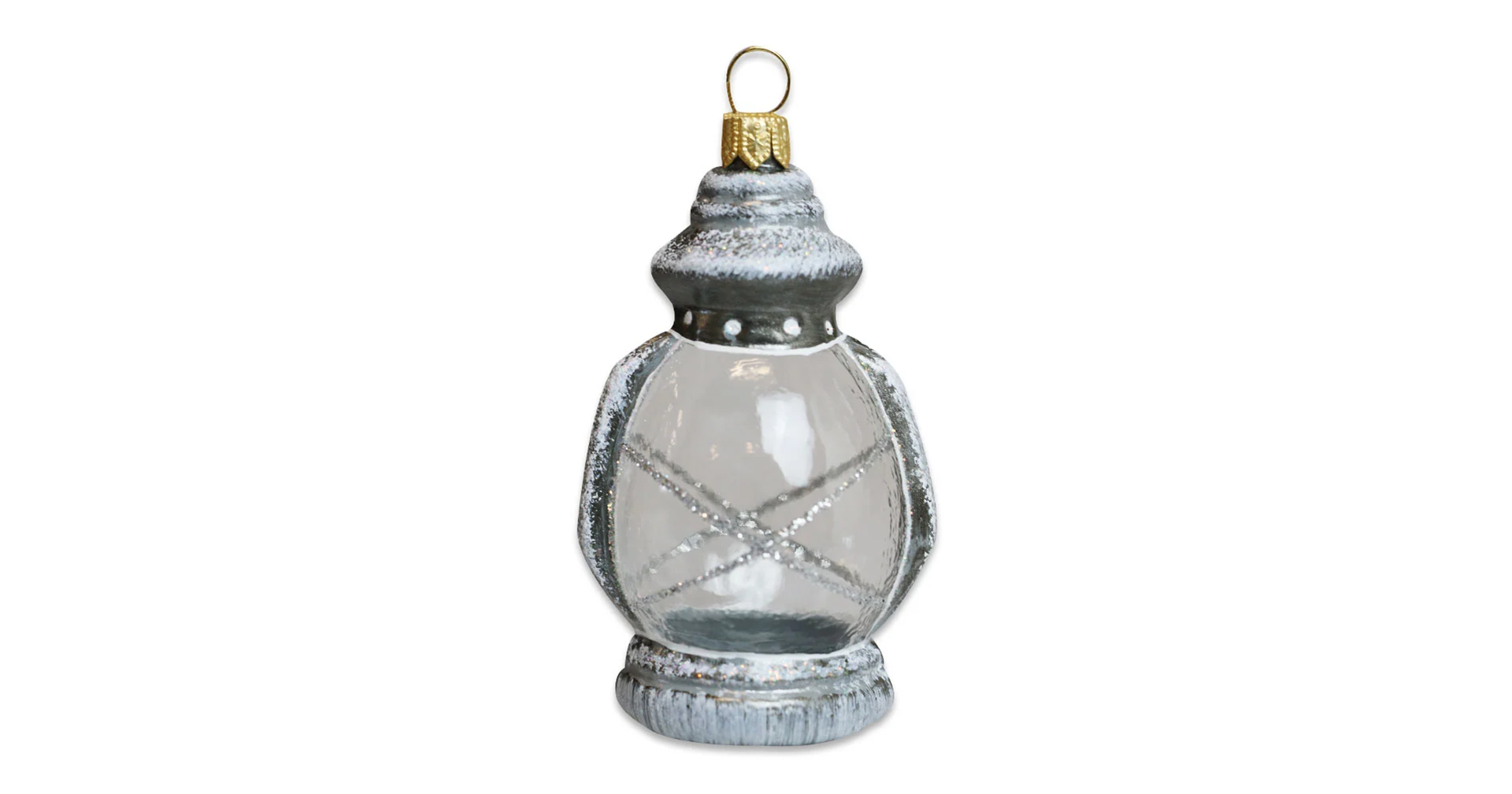 A Christmas ornament shaped like a silver lantern